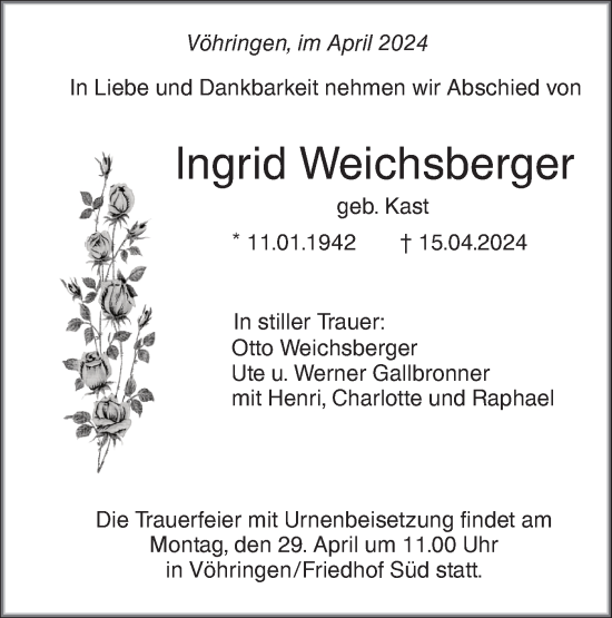 Traueranzeige von Ingrid Weichsberger von SÜDWEST PRESSE Ausgabe Ulm/Neu-Ulm