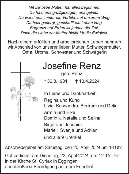 Traueranzeige von Josefine Renz von SÜDWEST PRESSE Ausgabe Ulm/Neu-Ulm