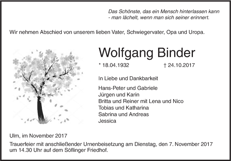 Traueranzeige für Wolfgang Binder vom 02.11.2017 aus SÜDWEST PRESSE Ausgabe Ulm/Neu-Ulm
