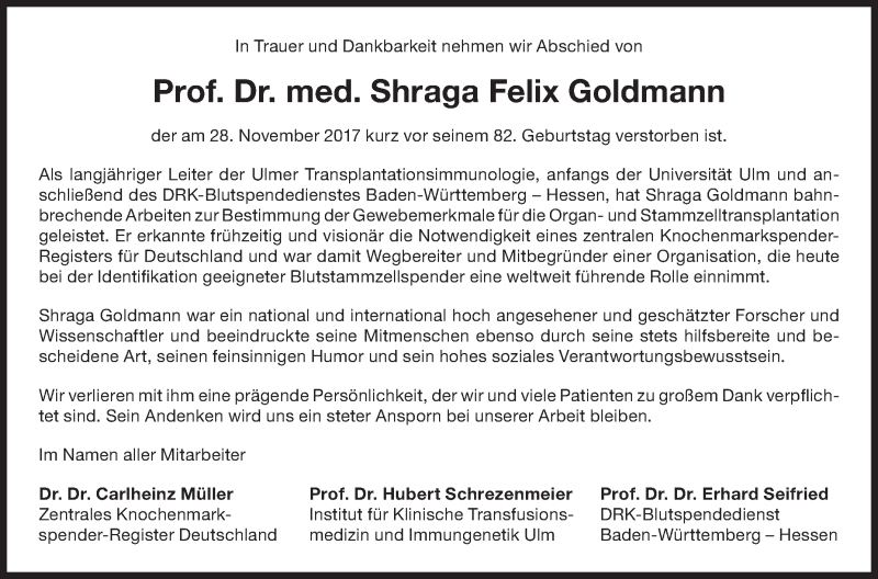  Traueranzeige für Shraga Felix Goldmann vom 02.12.2017 aus SÜDWEST PRESSE Ausgabe Ulm/Neu-Ulm