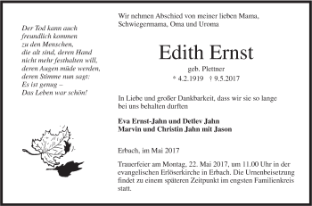 Traueranzeige von Edith Ernst von Südwest Presse