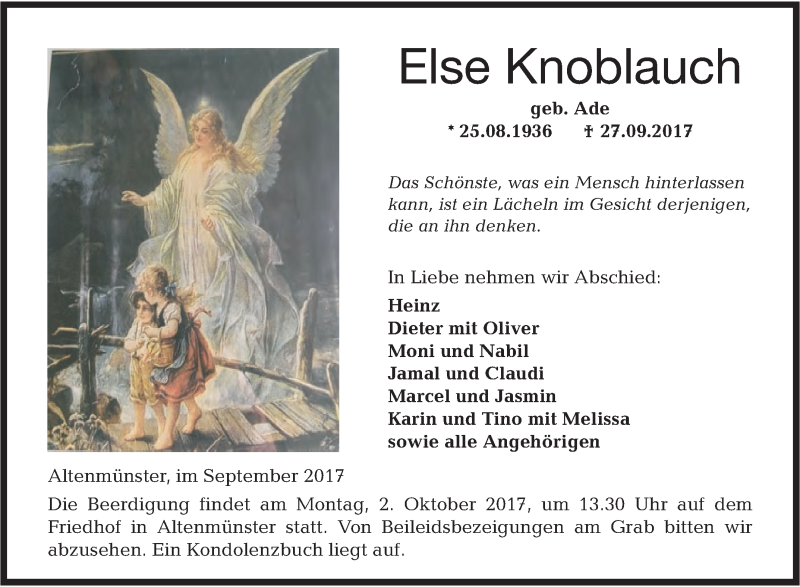  Traueranzeige für Else Knoblauch vom 30.09.2017 aus Hohenloher Tagblatt