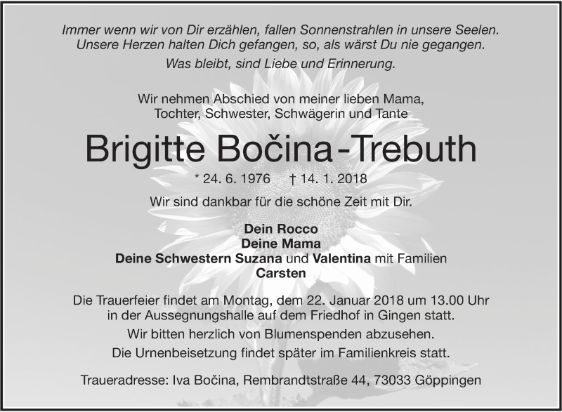  Traueranzeige für Brigitte Bocina-Trebuth vom 18.01.2018 aus Geislinger Zeitung