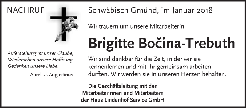  Traueranzeige für Brigitte Bocina-Trebuth vom 20.01.2018 aus NWZ Neue Württembergische Zeitung/Geislinger Zeitung