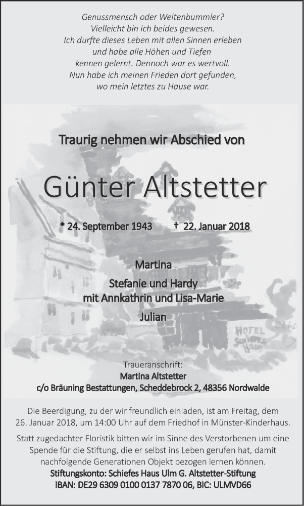  Traueranzeige für Günter Altstetter vom 24.01.2018 aus SÜDWEST PRESSE Ausgabe Ulm/Neu-Ulm