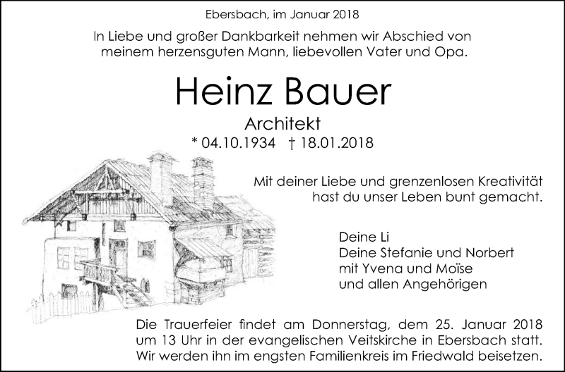  Traueranzeige für Heinz Bauer vom 20.01.2018 aus NWZ Neue Württembergische Zeitung