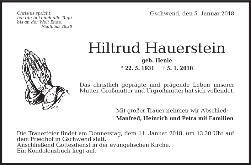  Traueranzeige für Hiltrud Hauerstein vom 09.01.2018 aus Rundschau Gaildorf