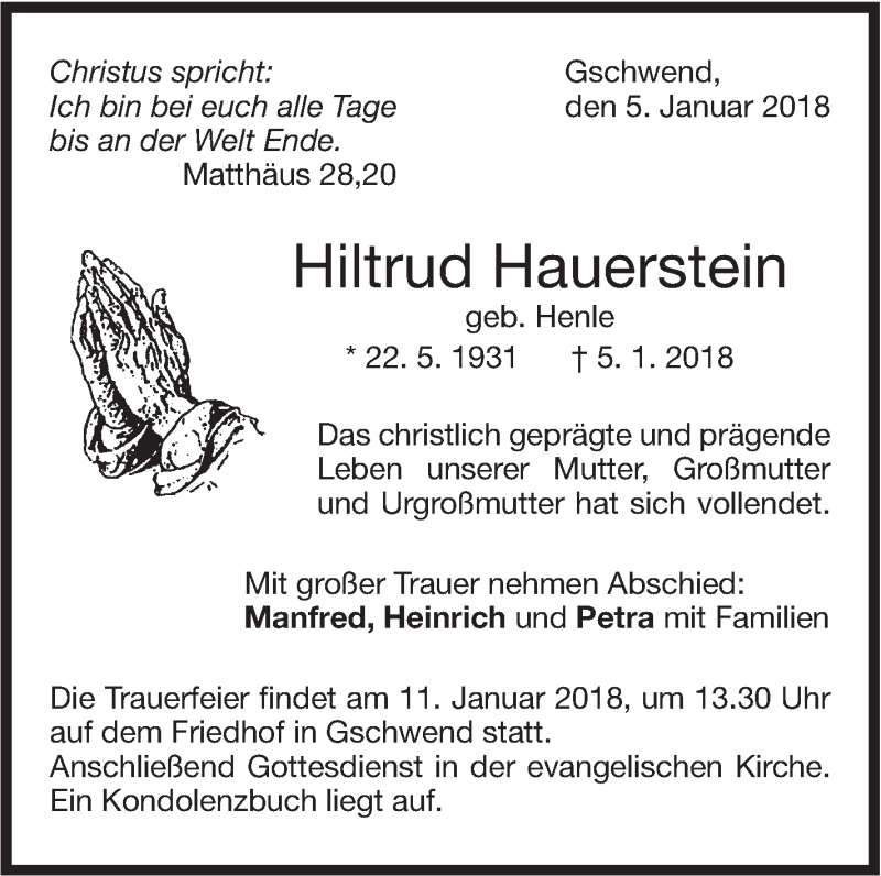  Traueranzeige für Hiltrud Hauerstein vom 09.01.2018 aus NWZ Neue Württembergische Zeitung