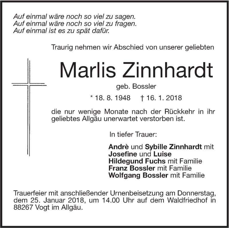  Traueranzeige für Marlis Zinnhardt vom 23.01.2018 aus NWZ Neue Württembergische Zeitung