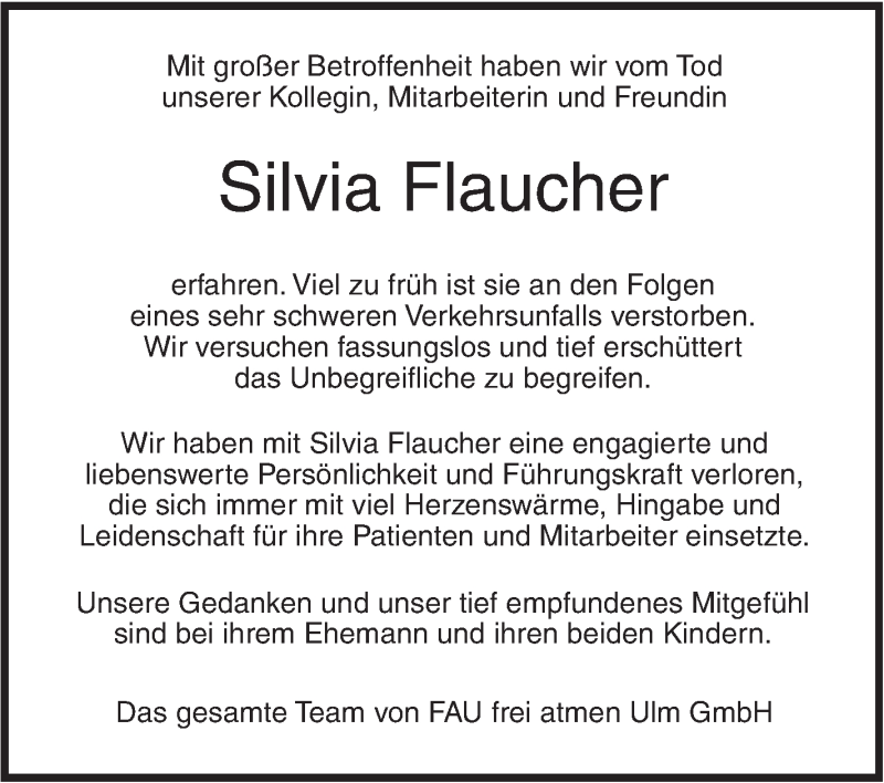  Traueranzeige für Silvia Flaucher vom 17.01.2018 aus SÜDWEST PRESSE Ausgabe Ulm/Neu-Ulm