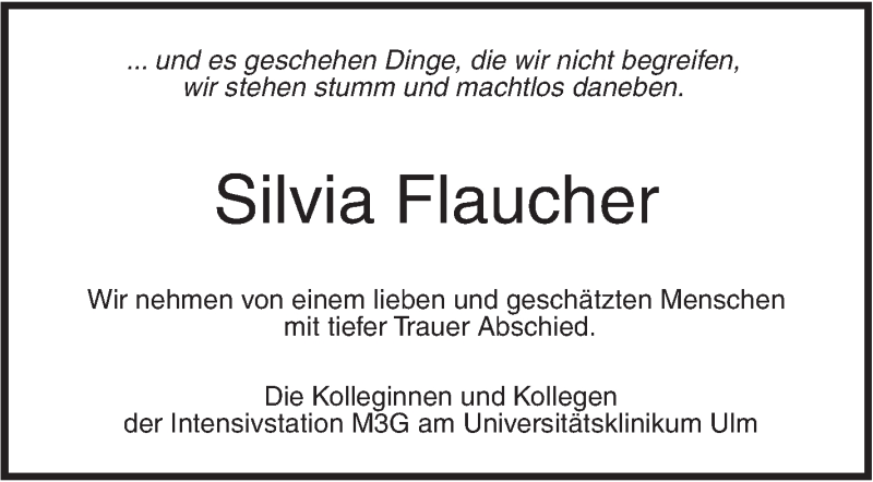  Traueranzeige für Silvia Flaucher vom 16.01.2018 aus SÜDWEST PRESSE Ausgabe Ulm/Neu-Ulm