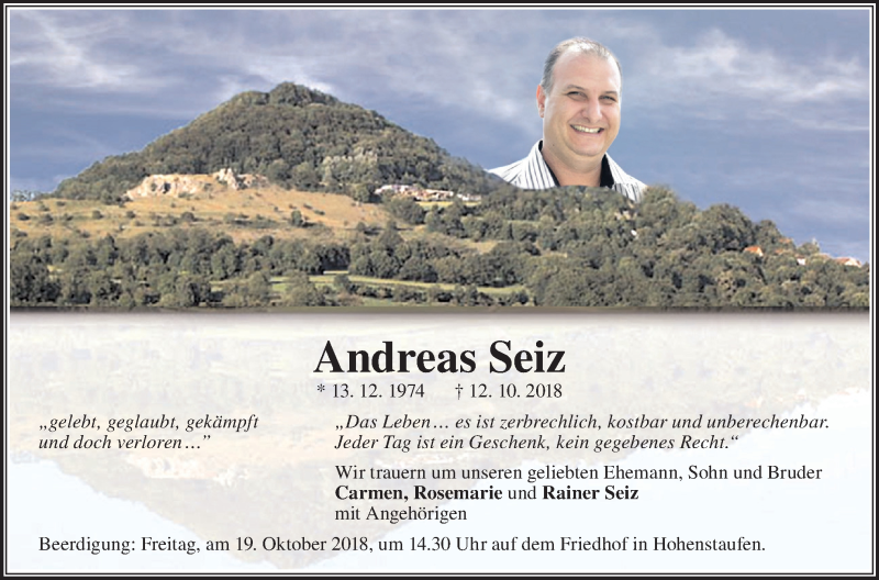  Traueranzeige für Andreas Seiz vom 13.10.2018 aus NWZ Neue Württembergische Zeitung/Geislinger Zeitung