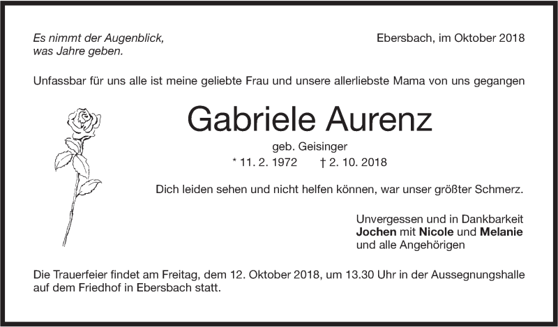  Traueranzeige für Gabriele Aurenz vom 09.10.2018 aus NWZ Neue Württembergische Zeitung