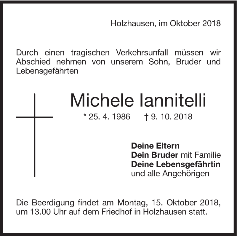  Traueranzeige für Michele Iannitelli vom 12.10.2018 aus NWZ Neue Württembergische Zeitung