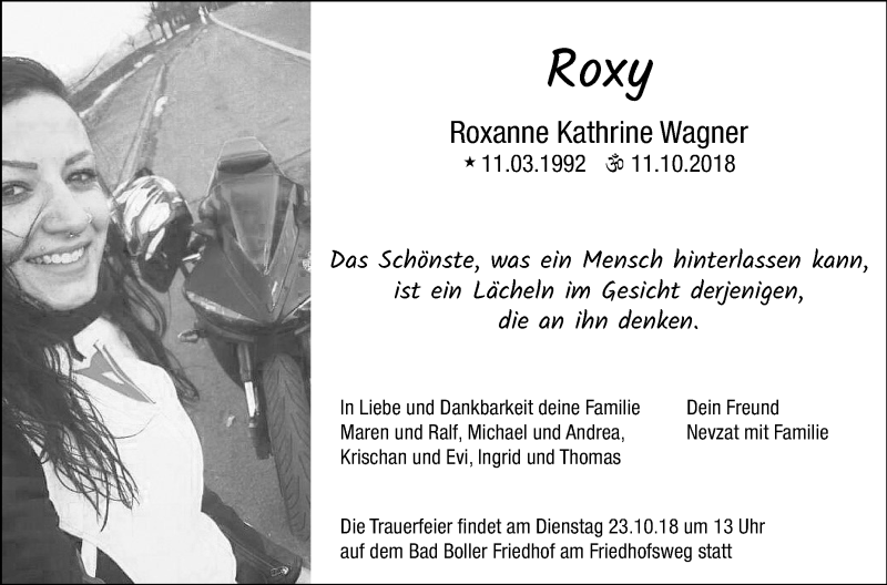  Traueranzeige für Roxanne Kathrine Wagner vom 20.10.2018 aus NWZ Neue Württembergische Zeitung