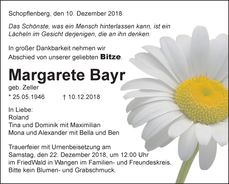  Traueranzeige für Margarete Bayr vom 15.12.2018 aus NWZ Neue Württembergische Zeitung/Geislinger Zeitung
