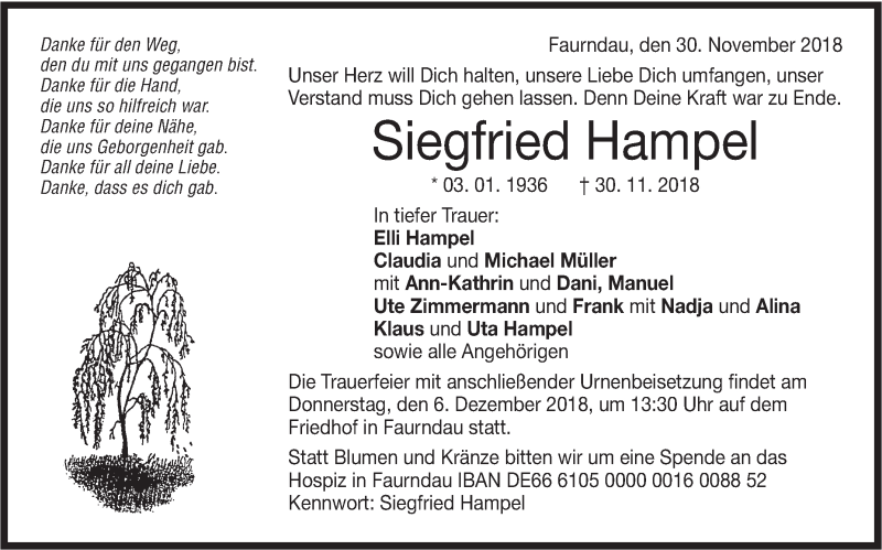  Traueranzeige für Siegfried Hampel vom 03.12.2018 aus NWZ Neue Württembergische Zeitung