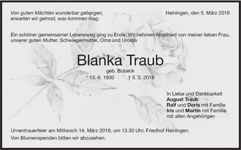  Traueranzeige für Blanka Traub vom 08.03.2018 aus NWZ Neue Württembergische Zeitung