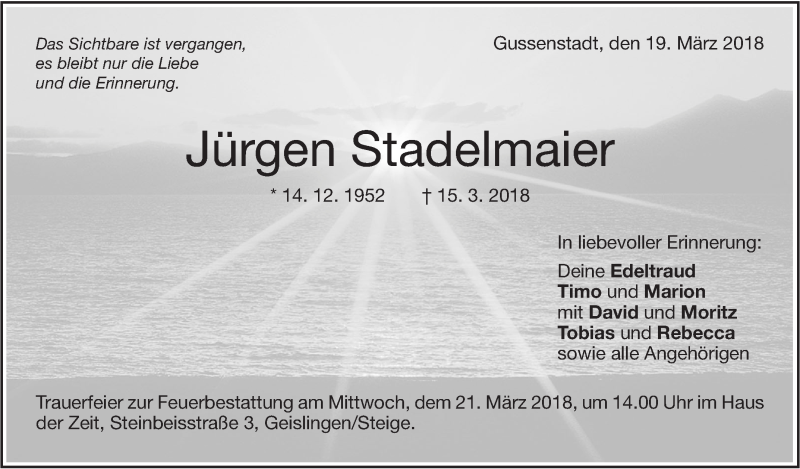  Traueranzeige für Jürgen Stadelmaier vom 19.03.2018 aus NWZ Neue Württembergische Zeitung/Geislinger Zeitung