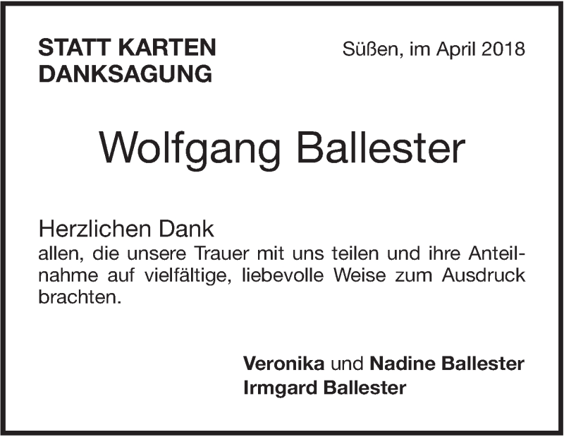  Traueranzeige für Wolfgang Ballester vom 03.04.2018 aus NWZ Neue Württembergische Zeitung
