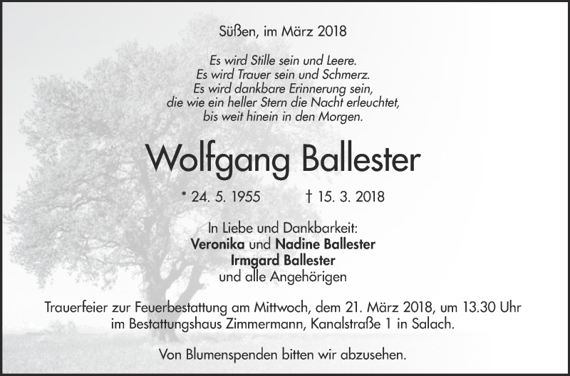  Traueranzeige für Wolfgang Ballester vom 17.03.2018 aus NWZ Neue Württembergische Zeitung