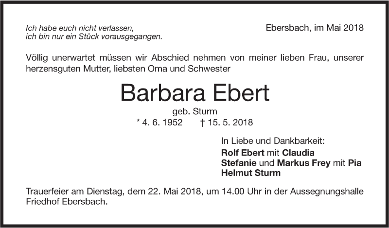  Traueranzeige für Barbara Ebert vom 18.05.2018 aus NWZ Neue Württembergische Zeitung