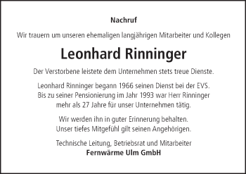 Traueranzeige von Leonhard Rinninger von SÜDWEST PRESSE Ausgabe Ulm/Neu-Ulm