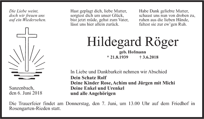  Traueranzeige für Hildegard Röger vom 06.06.2018 aus Haller Tagblatt