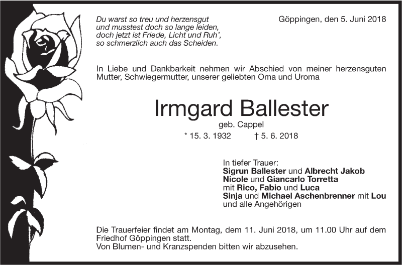  Traueranzeige für Irmgard Ballester vom 08.06.2018 aus NWZ Neue Württembergische Zeitung