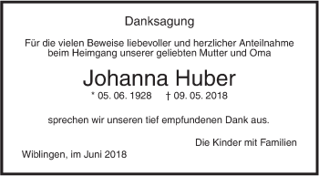 Traueranzeige von Johanna Huber von SÜDWEST PRESSE Ausgabe Ulm/Neu-Ulm