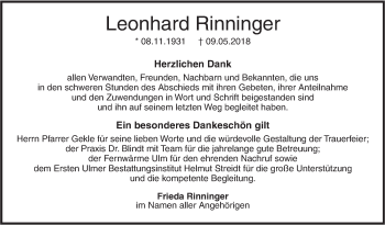 Traueranzeige von Leonhard Rinninger von SÜDWEST PRESSE Ausgabe Ulm/Neu-Ulm