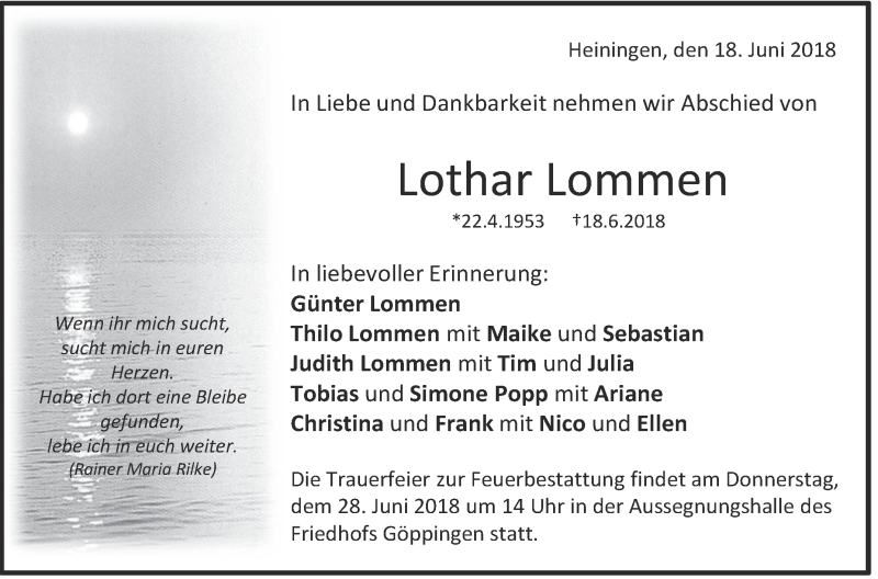  Traueranzeige für Lothar Lommen vom 23.06.2018 aus NWZ Neue Württembergische Zeitung