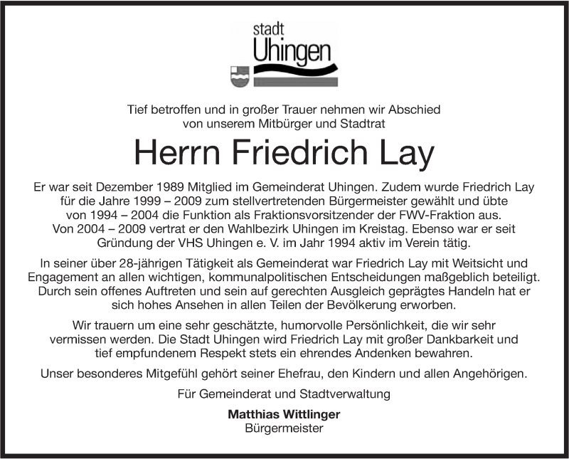  Traueranzeige für Friedrich Lay vom 11.07.2018 aus NWZ Neue Württembergische Zeitung