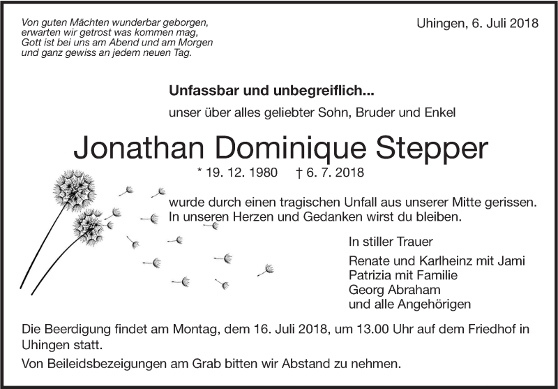  Traueranzeige für Jonathan Dominique Stepper vom 12.07.2018 aus NWZ Neue Württembergische Zeitung