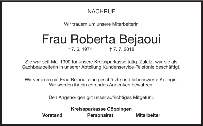  Traueranzeige für Roberta Bejaoui vom 11.07.2018 aus NWZ Neue Württembergische Zeitung/Geislinger Zeitung