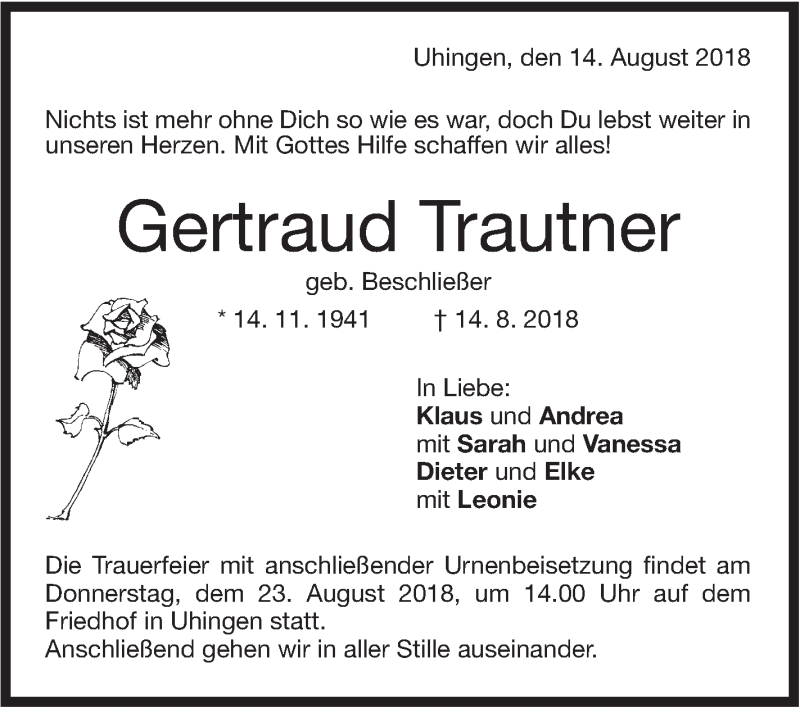  Traueranzeige für Gertraud Trautner vom 21.08.2018 aus NWZ Neue Württembergische Zeitung