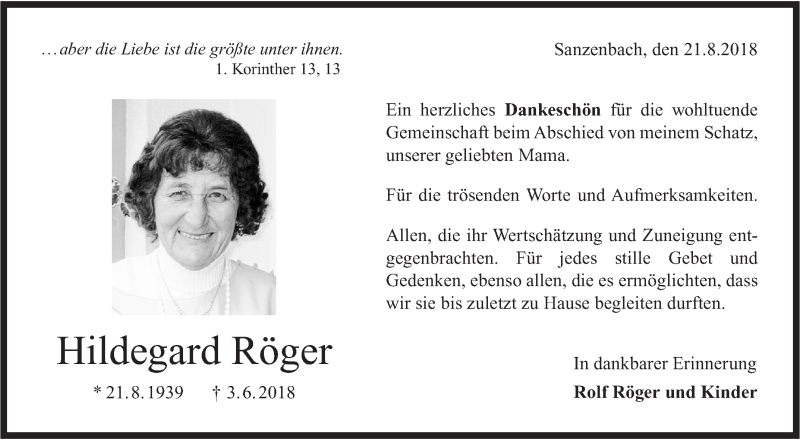  Traueranzeige für Hildegard Röger vom 21.08.2018 aus Haller Tagblatt