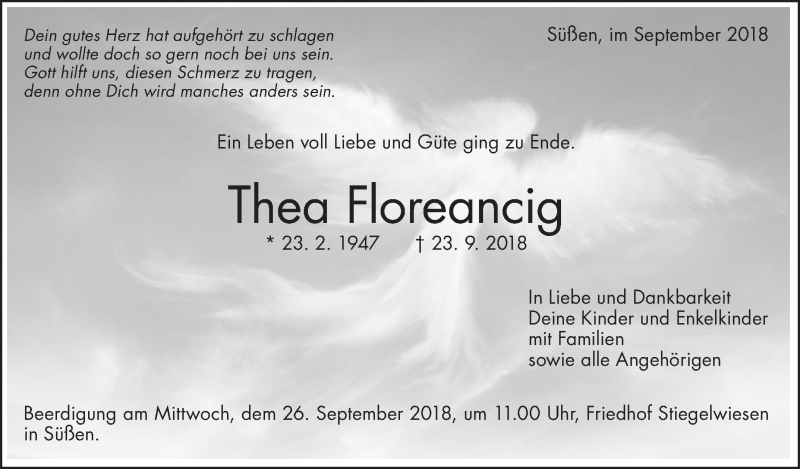  Traueranzeige für Thea Floreancig vom 25.09.2018 aus NWZ Neue Württembergische Zeitung