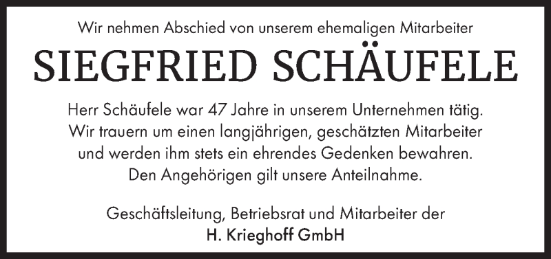  Traueranzeige für Siegfried Schäufele vom 22.10.2019 aus SÜDWEST PRESSE Ausgabe Ulm/Neu-Ulm