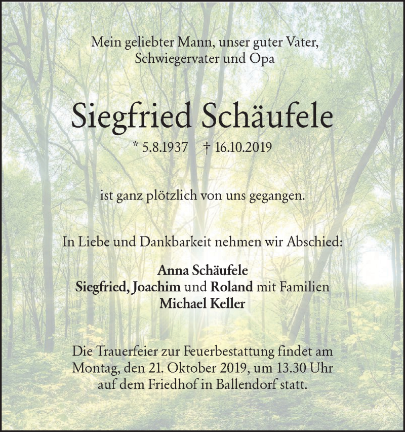  Traueranzeige für Siegfried Schäufele vom 18.10.2019 aus SÜDWEST PRESSE Ausgabe Ulm/Neu-Ulm