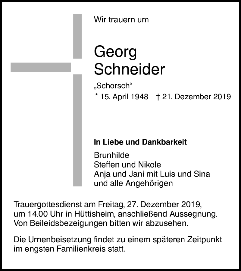  Traueranzeige für Georg Schneider vom 24.12.2019 aus SÜDWEST PRESSE Ausgabe Ulm/Neu-Ulm