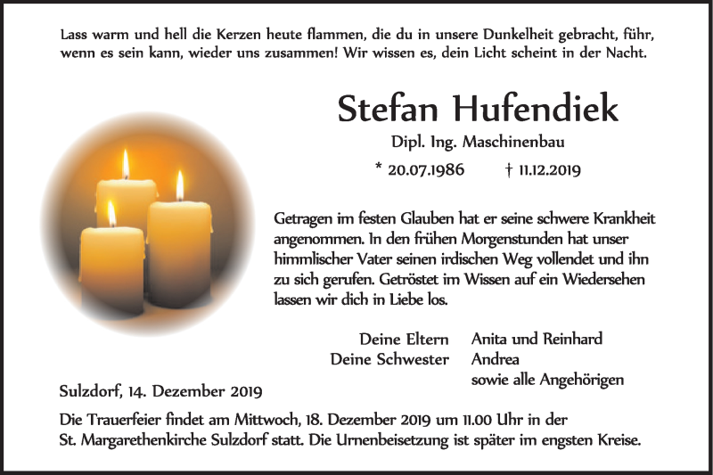  Traueranzeige für Stefan Hufendiek vom 14.12.2019 aus Haller Tagblatt
