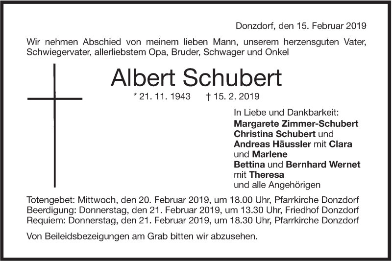  Traueranzeige für Albert Schubert vom 18.02.2019 aus NWZ Neue Württembergische Zeitung