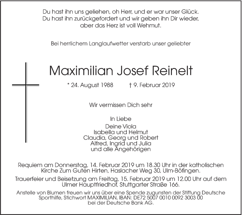  Traueranzeige für Maximilian Josef Reinelt vom 13.02.2019 aus SÜDWEST PRESSE Ausgabe Ulm/Neu-Ulm