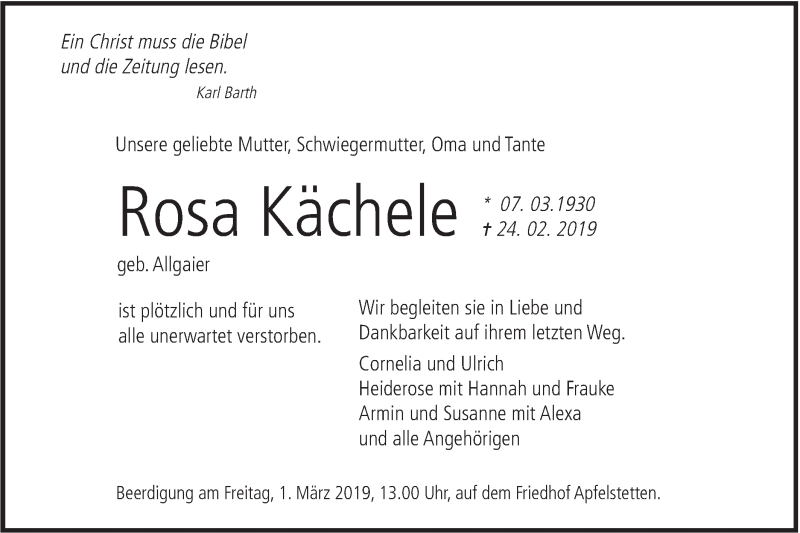  Traueranzeige für Rosa Kächele vom 27.02.2019 aus Alb-Bote/Metzinger-Uracher Volksblatt