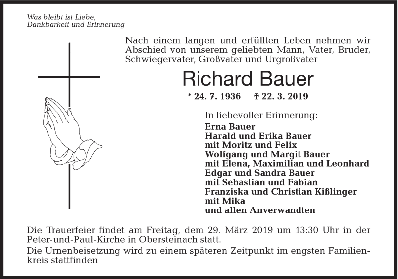  Traueranzeige für Richard Bauer vom 25.03.2019 aus Haller Tagblatt