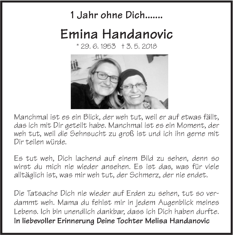  Traueranzeige für Emina Handanovic vom 03.05.2019 aus NWZ Neue Württembergische Zeitung