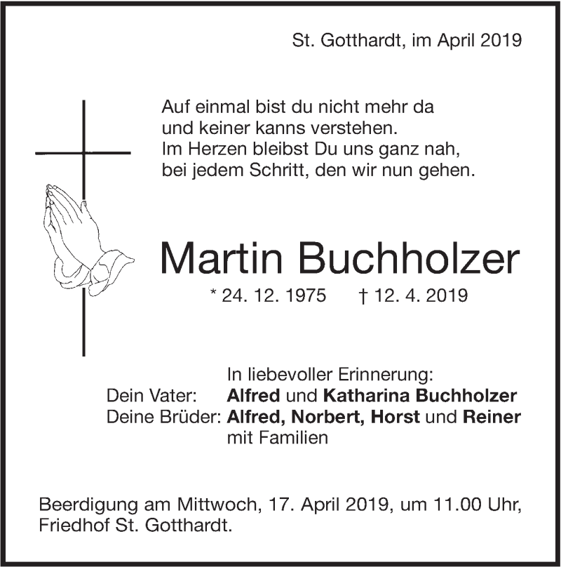  Traueranzeige für Martin Buchholzer vom 16.04.2019 aus NWZ Neue Württembergische Zeitung