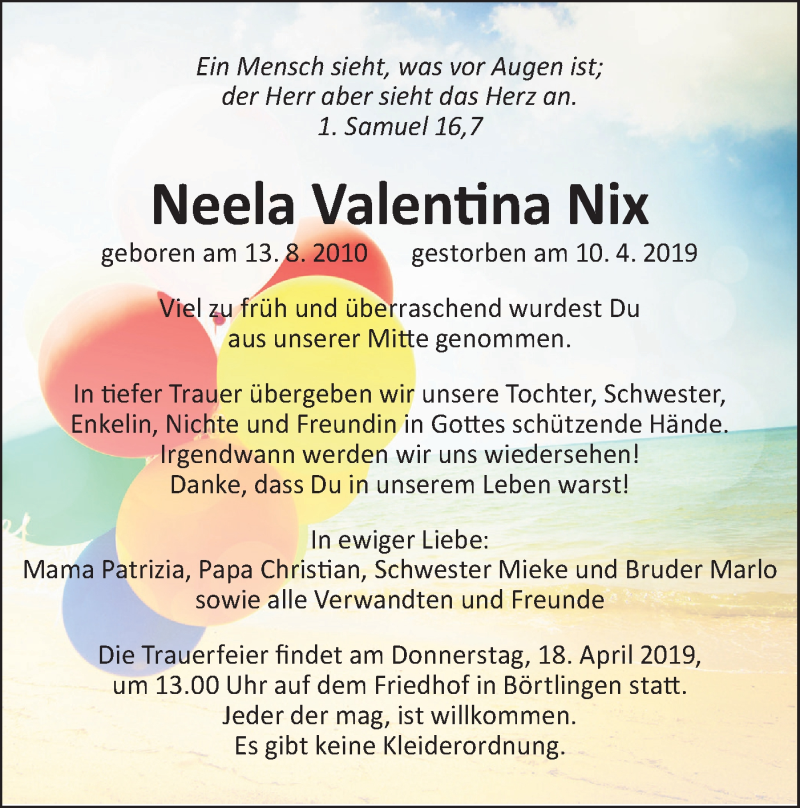  Traueranzeige für Neela Valentina Nix vom 15.04.2019 aus NWZ Neue Württembergische Zeitung