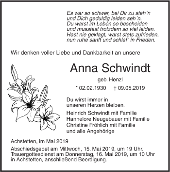 Traueranzeige von Anna Schwindt von SÜDWEST PRESSE Ausgabe Ulm/Neu-Ulm